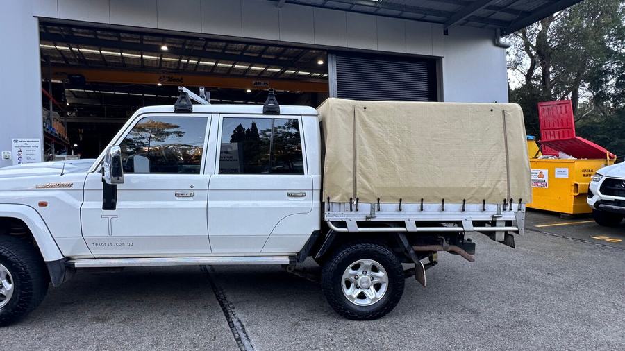 Rear view of a canvas ute canopy with mesh window